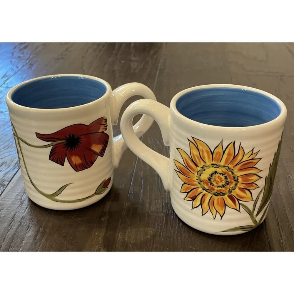 Pier 1 Sunflower Fields Earthenware Hand Painted‎ Coffee Cup Mugs Mug Set Of 2